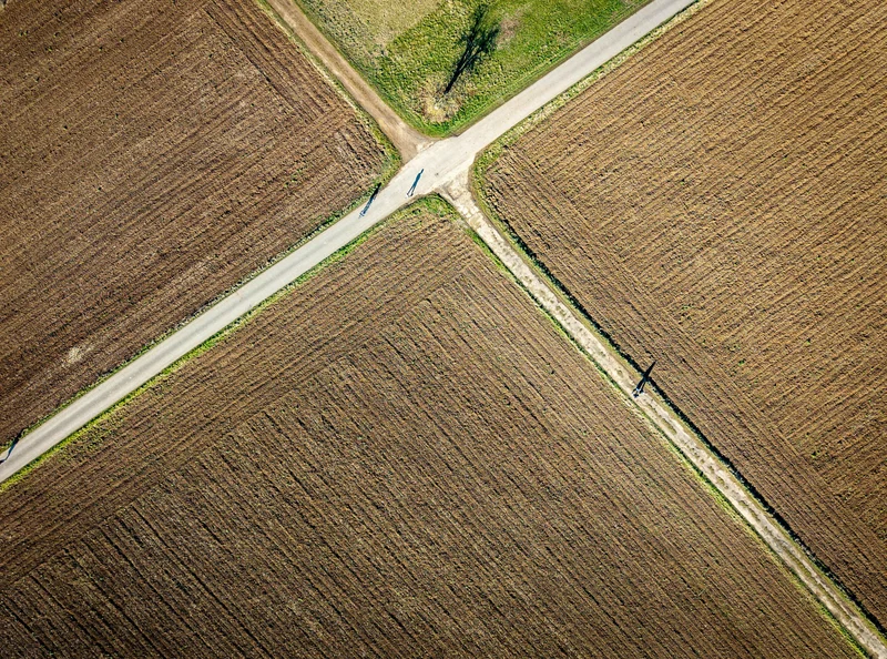Feldwege kreuzen sich zwischen Äckern, von oben