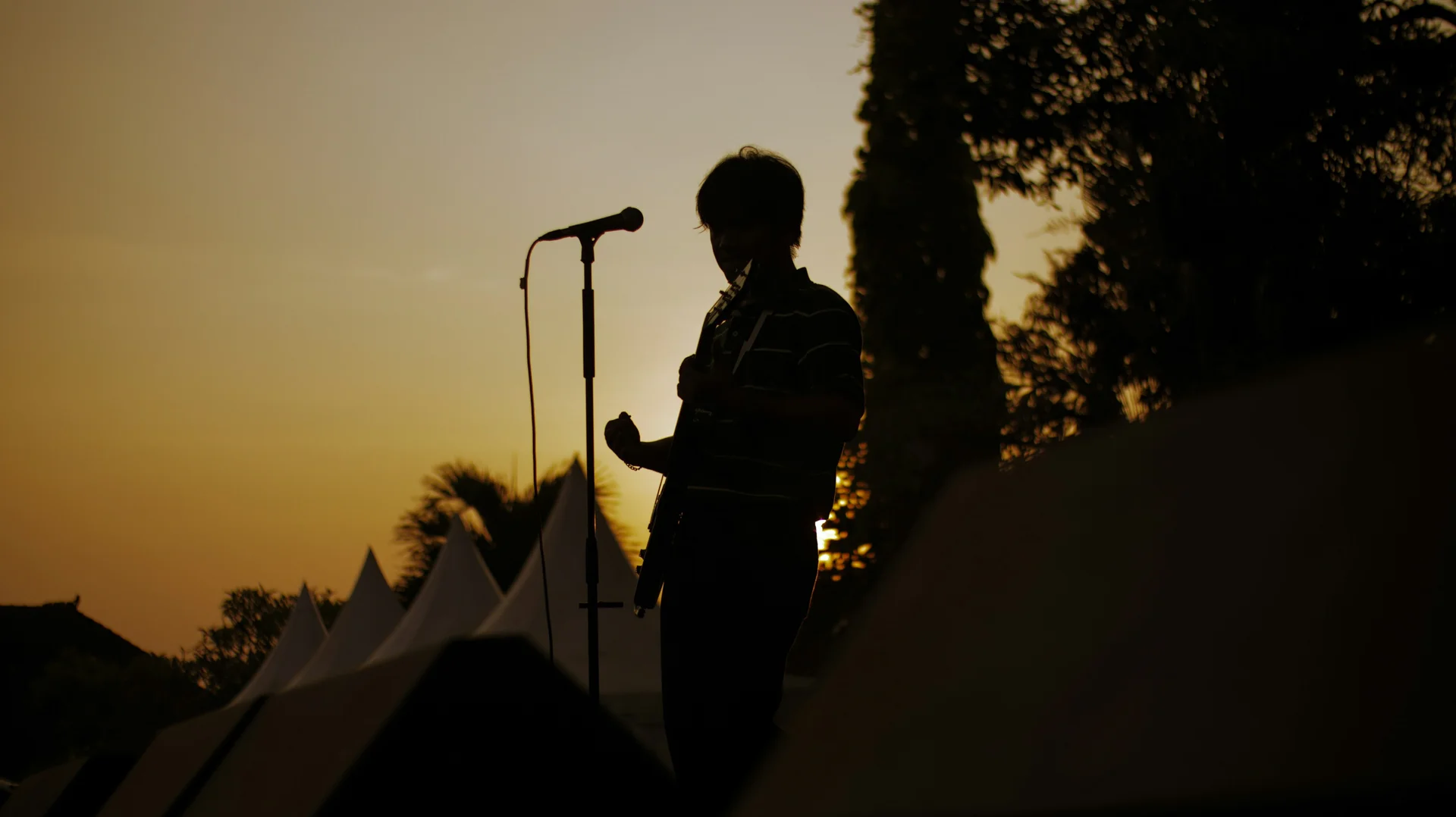 Gitarrist mit Mikrofon als Silhouette auf einer Open-Air-Bühne bei Sonnenuntergang